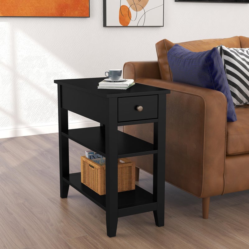 ChooChoo Side Table Living Room, Narrow End Table with Drawer and Shelf, 3-Tier Sofa End Table for Small Space, Black - Image 2
