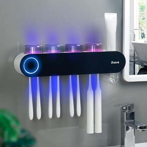 iHave Toothbrush Holders for Bathrooms UV Toothbrush Sanitizer and Holder Smart Home Bathroom Accessories 4 Cups Electric Toothbrush Holder Wall Mounted with Toothpaste Dispenser Bathroom Decor - Image 1