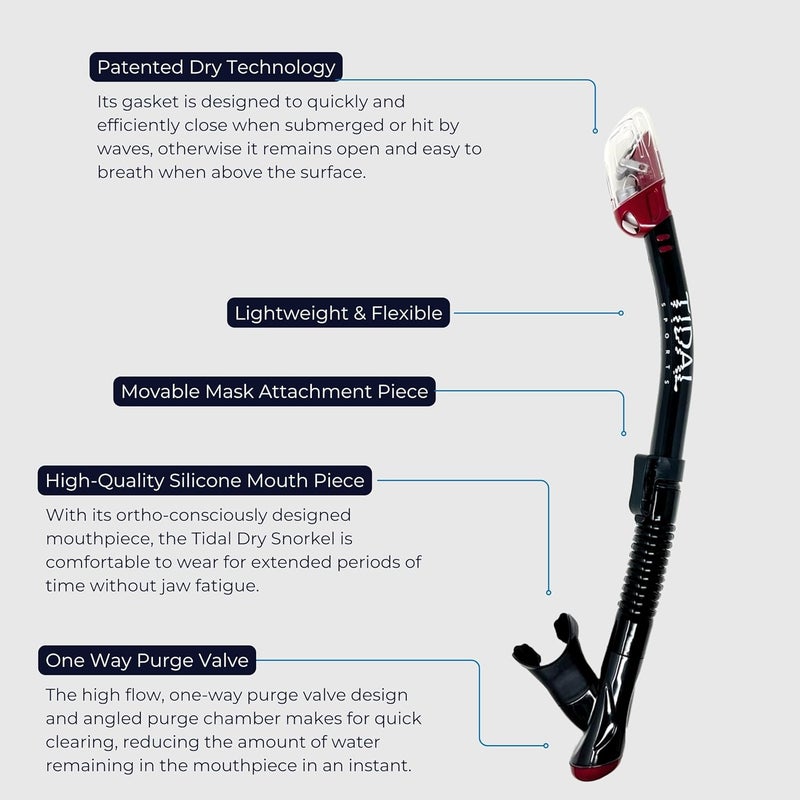 Tidal Dry Snorkel, Lightweight, Easy Breathing, for Snorkelling, Scuba Diving, and Swimming, Comfortable Mouthpiece with Dry Technology