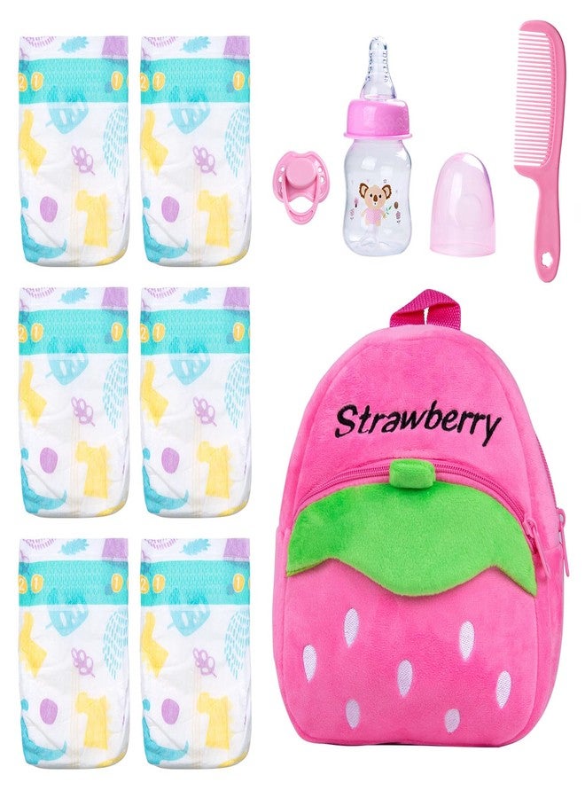 Pedolltree 10 Pcs Reborn Baby Doll Diaper Bag Care and Feeding Set for 17-24 inches Reborn Dolls Newborn Baby Accessories with Strawberry Backpack Diapers Pacifier Bottle Comb - Image 1