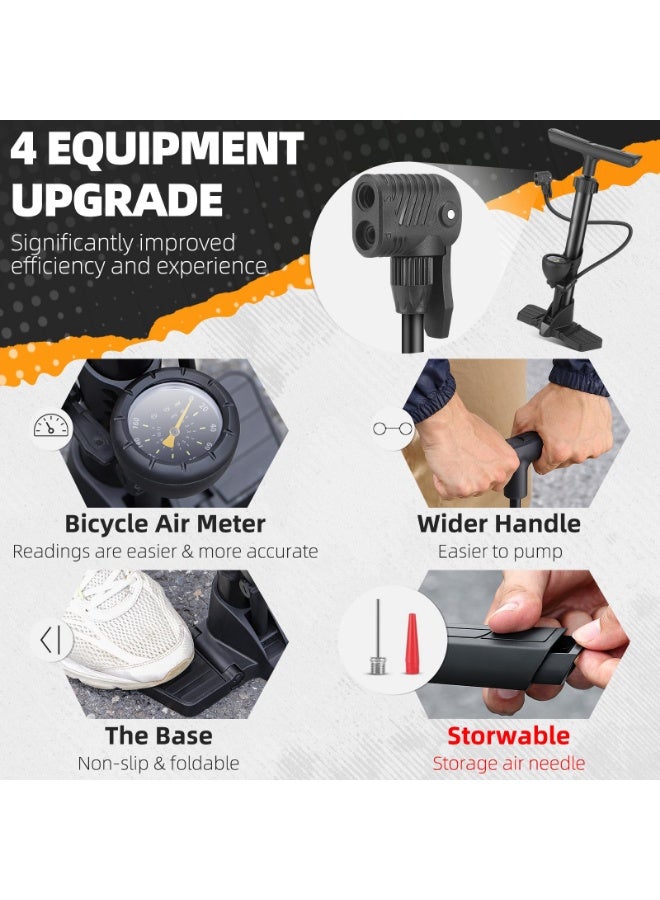 Arabest Bike Floor Pump, Bikes Pump with Gauge,Bicycle Air Pump with High Pressure 160 Psi, BikeTire Pump with Presta Schrader Valves，Portable Hand Pump Bike, Fits Road Bikes MTB E-Bike, Ball - Image 2
