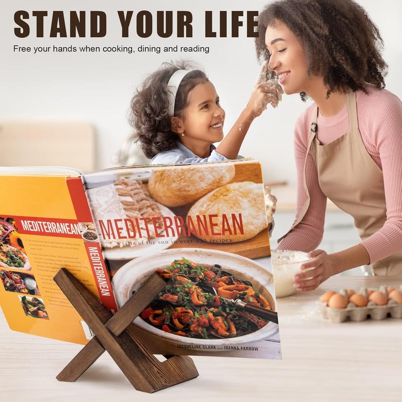 Excefore Cookbook Stand for Kitchen, Handmade Wooden Cookbook Holder, Recipe Book Holder for Kitchen Counter, Wooden Cookbook Holder, Rustic Cook Book Holder Stand, Menu Display Stand - Rustic Brown - Image 2
