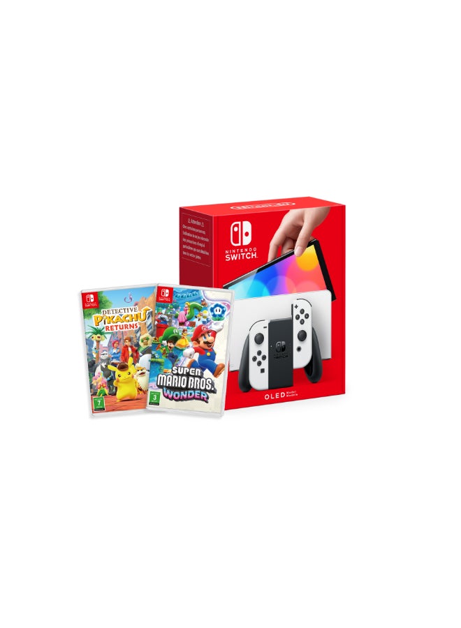 Nintendo OLED WHITE WITH SUPER MARIO BROS: WONDER & DECTIVE PICKACHU RERURNS - Nintendo Switch - Image 1