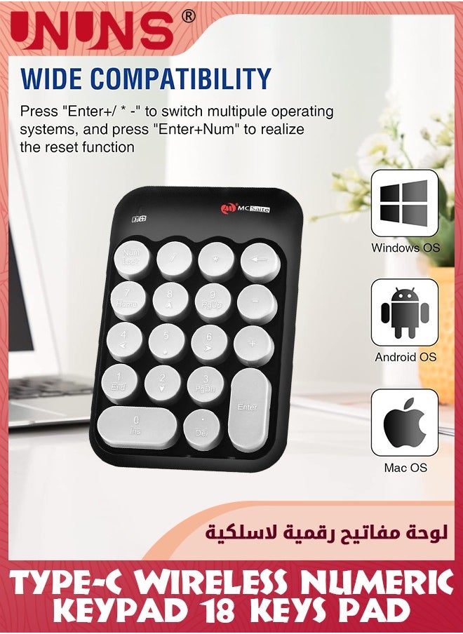 2.4G Wireless Numeric Keypad With USB To TypeC Adapter,18 Keys Mini Numeric Keypad,Keyboard Extensions Sidekick For Mac PC iPad Chrome,Portable Number Pad Financial Accounting,Black Gray