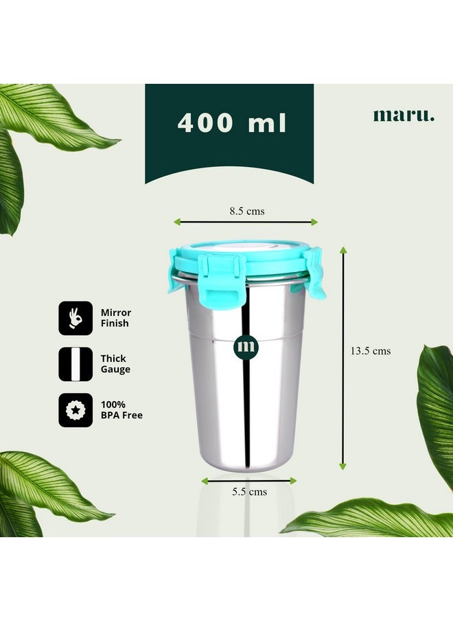 MARU MARU Stainless Steel Tumbler with Lid set of 2 Pcs 400ml each, Durable & Leak Proof flask, Ideal Drink Tumbler for Coffee, Tea, Buttermilk & Juice, Glass Tumbler For Travel, School & Office, Sea Green  - Image 2
