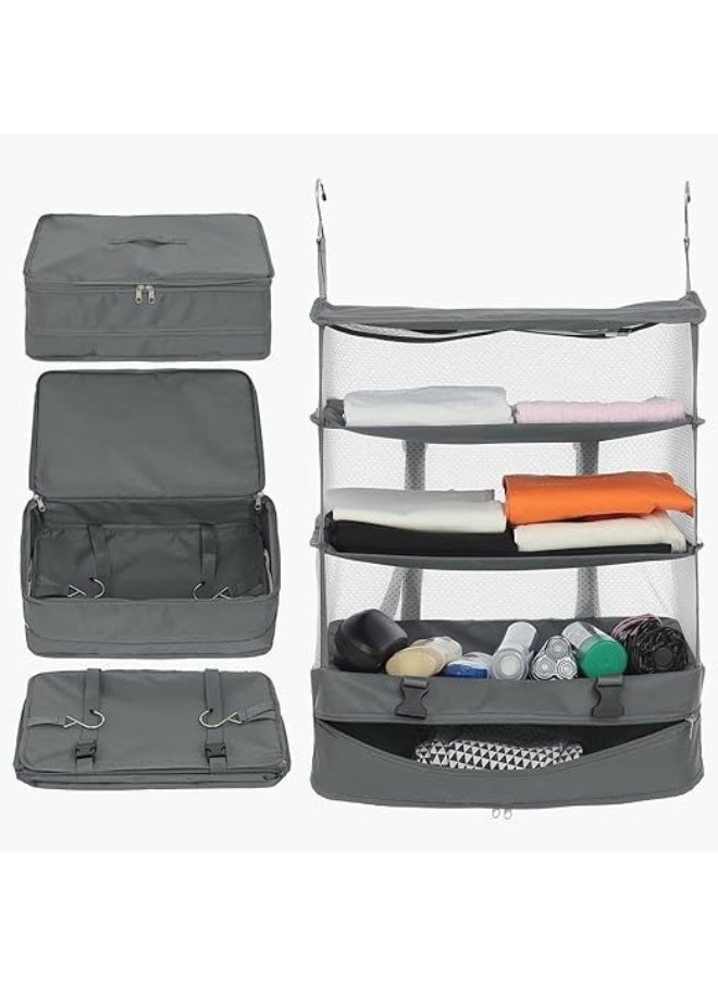 FALMER - Portable Foldable 3-Tier Travel Shelf Organizer with Hanging Hook and Compressed Bag - Grey - Image 1