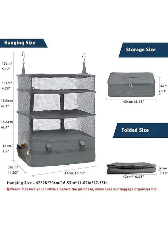 FALMER - Portable Foldable 3-Tier Travel Shelf Organizer with Hanging Hook and Compressed Bag - Grey - Image 1