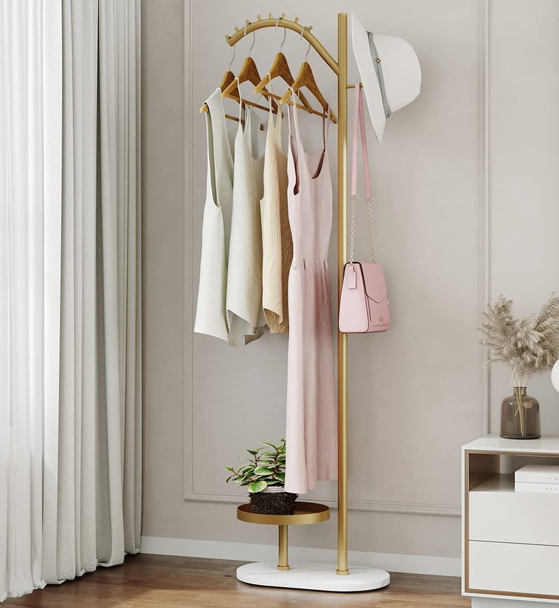 FJANKUI Minimalist Gold Coat Rack with Marble Base | Your Personal Staging Hub for Curated Outfits & Essentials | Modern Clothing Rack for Bedroom, Entryway, or Office - Image 1