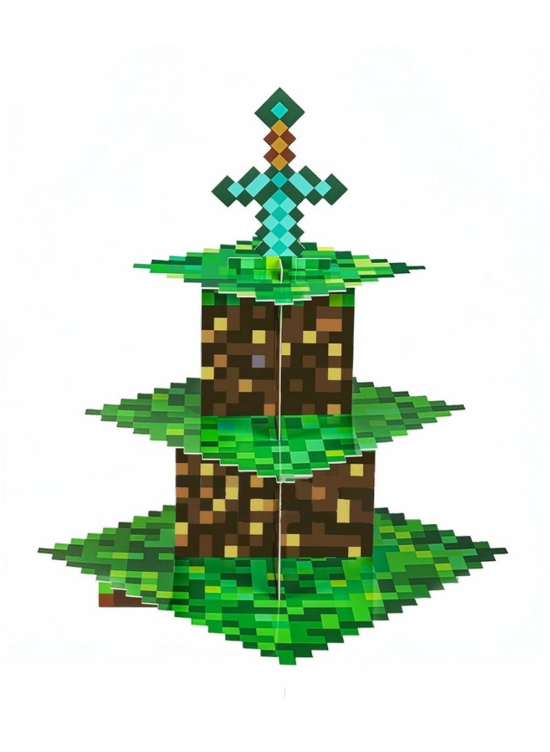 ILovhaprty Pixel Game Style Cupcake Holder, 3 - Tier Pixel Cupcake Stand Pixel Gaming Cupcake Holder Mini Pixel Cupcake Stand, Perfect for Pixel Gaming Party Decorations & Pixel Miner Party Decorations - Image 1