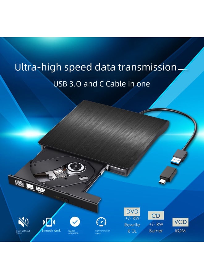 محرك أقراص ضوئي خارجي USB3.0، محرك أقراص خارجي للهاتف المحمول، ناسخ أقراص DVD من النوع C، اللون: أسود - Image 2