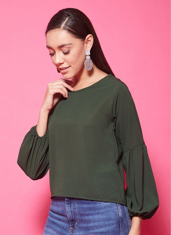 CHIMPAAANZEE Olive Green Puff Sleeves Top - Image 1
