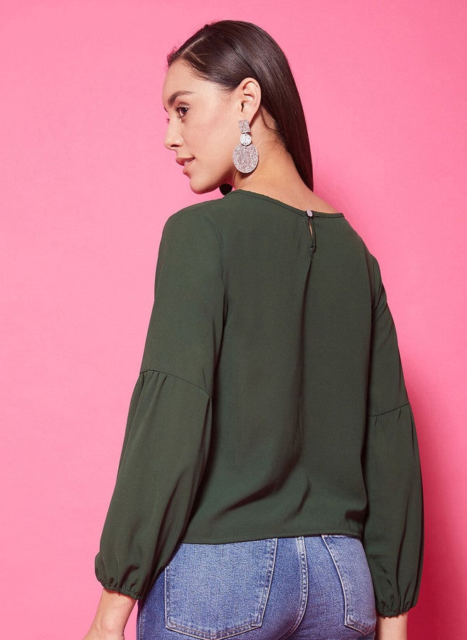 CHIMPAAANZEE Olive Green Puff Sleeves Top - Image 4