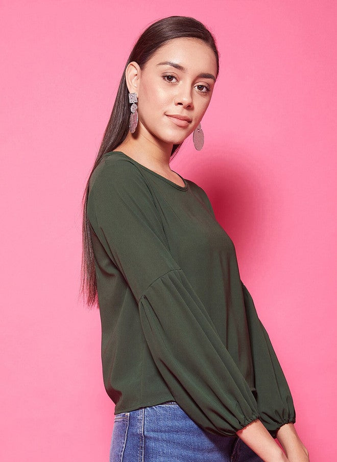 CHIMPAAANZEE Olive Green Puff Sleeves Top - Image 3