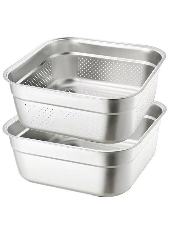 Thickened 304 Stainless Steel Drain Basin Drain Basin Square Basin With Lid Large Vegetable Washing Basin Punching Filter Basin Oil Spill Basin-Specifications:38CM-Color:Square Leaky Basin - Image 1
