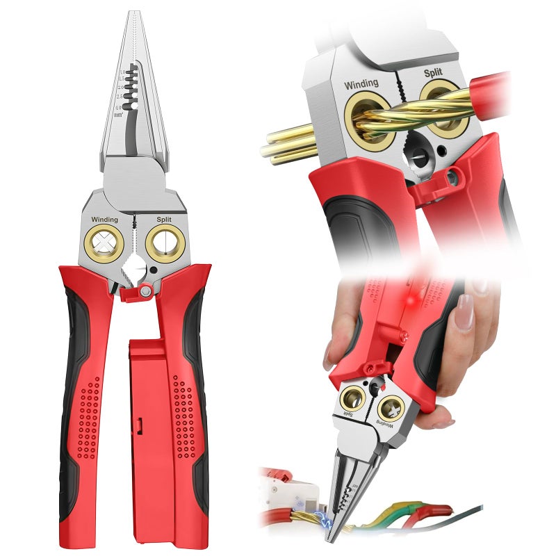 GADO Pro 8in1 Wire Crimper Stripper with Voltage Detector Dual Alarms Heavy Duty 12250V ACDC Tester for HotNeutral Wires Electrician HVAC Car Repair Tool Red