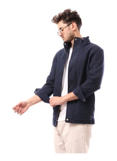 Andora Polyester Mandarin Collar Buttoned Coat_Navy Blue  - Image 5
