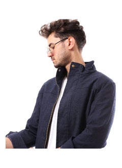 Andora Polyester Mandarin Collar Buttoned Coat_Navy Blue  - Image 3