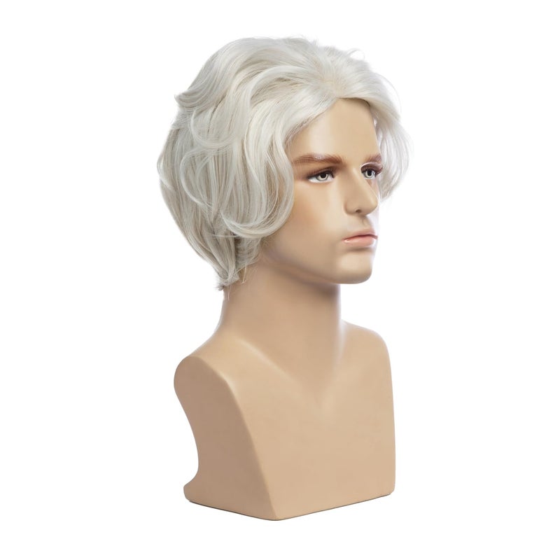 Beweig Mens White Wigs Short Fluffy Wave Synthetic Halloween Cosplay Hair Anime Costume Party Wig for Males - Image 2