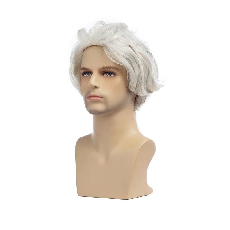 Beweig Mens White Wigs Short Fluffy Wave Synthetic Halloween Cosplay Hair Anime Costume Party Wig for Males - Image 5