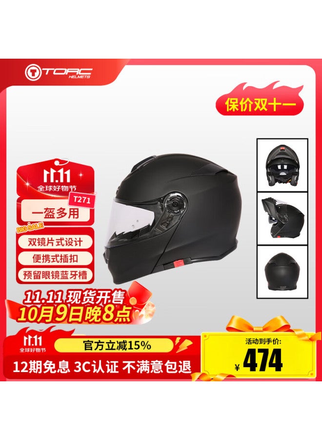 Torc Motorcycle Helmet T271, Dual Visor Retro Flip-up Helmet For Men And Women, All Seasons, 3c Certified, Matte Black, Size L - Image 1