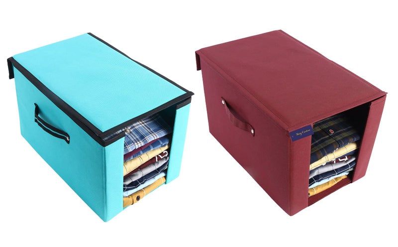 Shrey Creation Non Woven Shirt Stacker/Shirt Organizer Wardrobe Organizer with Cover Lid-Maroon, R Green- Pack of 2 - Image 5