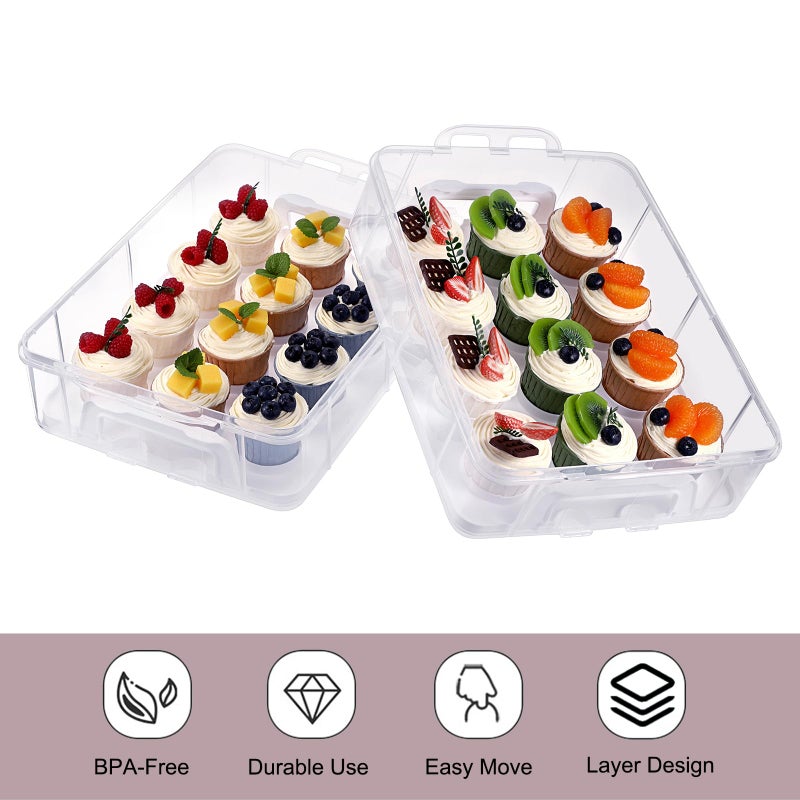BTSKY 2 Tier Clear Plastic Cupcake Holder with Lid & Handles  Portable Cupcake Carrier for 24 Cupcakes  Stackable Cupcake Storage Container with Convenient Slot Tray Large Plastic Storage Box  White - Image 3