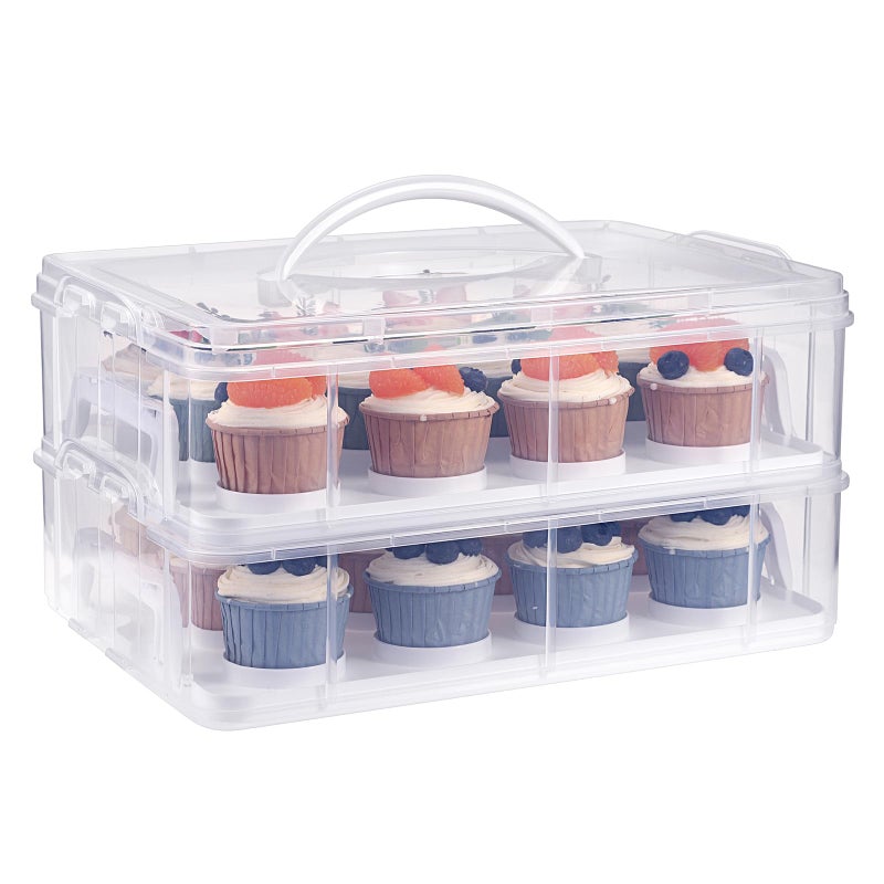 BTSKY 2 Tier Clear Plastic Cupcake Holder with Lid & Handles  Portable Cupcake Carrier for 24 Cupcakes  Stackable Cupcake Storage Container with Convenient Slot Tray Large Plastic Storage Box  White - Image 1
