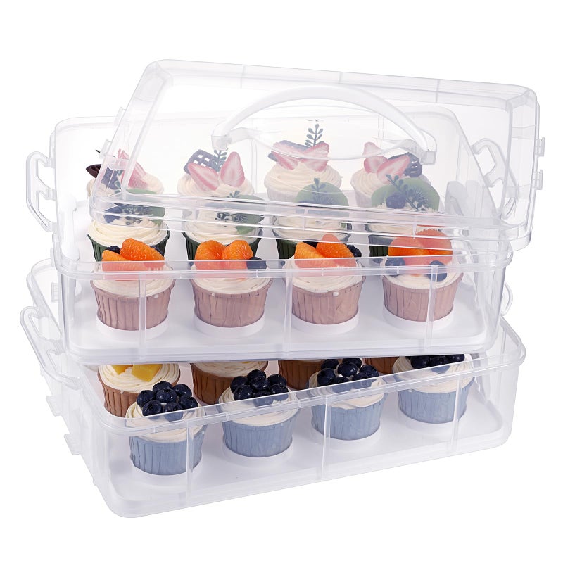 BTSKY 2 Tier Clear Plastic Cupcake Holder with Lid & Handles  Portable Cupcake Carrier for 24 Cupcakes  Stackable Cupcake Storage Container with Convenient Slot Tray Large Plastic Storage Box  White - Image 2