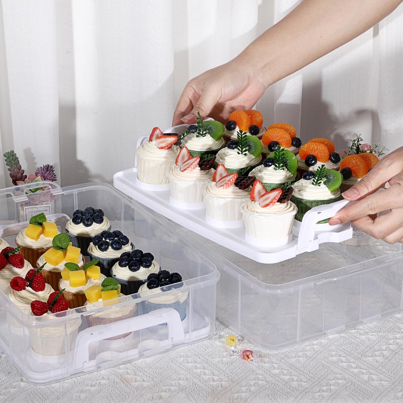 BTSKY 2 Tier Clear Plastic Cupcake Holder with Lid & Handles  Portable Cupcake Carrier for 24 Cupcakes  Stackable Cupcake Storage Container with Convenient Slot Tray Large Plastic Storage Box  White - Image 5