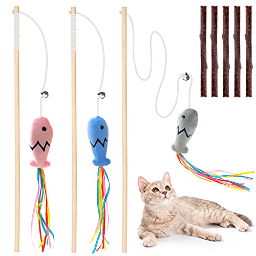 Plant Castle Natural Wood Cat Wand Toy with Ribbon Fish Teaser - 3pcs, 16 Inch, Indoor Cat Exerciser & Playing Kitten Toy, Bonus 5pcs Catnip Sticks for Teeth Cleaning - Image 1