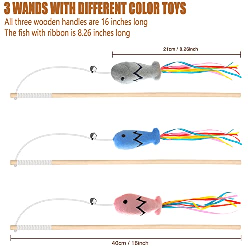Plant Castle Natural Wood Cat Wand Toy with Ribbon Fish Teaser - 3pcs, 16 Inch, Indoor Cat Exerciser & Playing Kitten Toy, Bonus 5pcs Catnip Sticks for Teeth Cleaning - Image 2