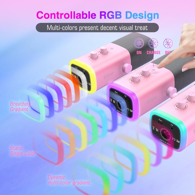 FIFINE XLR/USB Microphone, Gaming Recording PC Microphone with Headphones Jack, Mute Button, Dynamic RGB Mic for Computer, Streaming Mic for Podcasting Voice-Over YouTube Video-AmpliGame AM8 Pink - Image 4