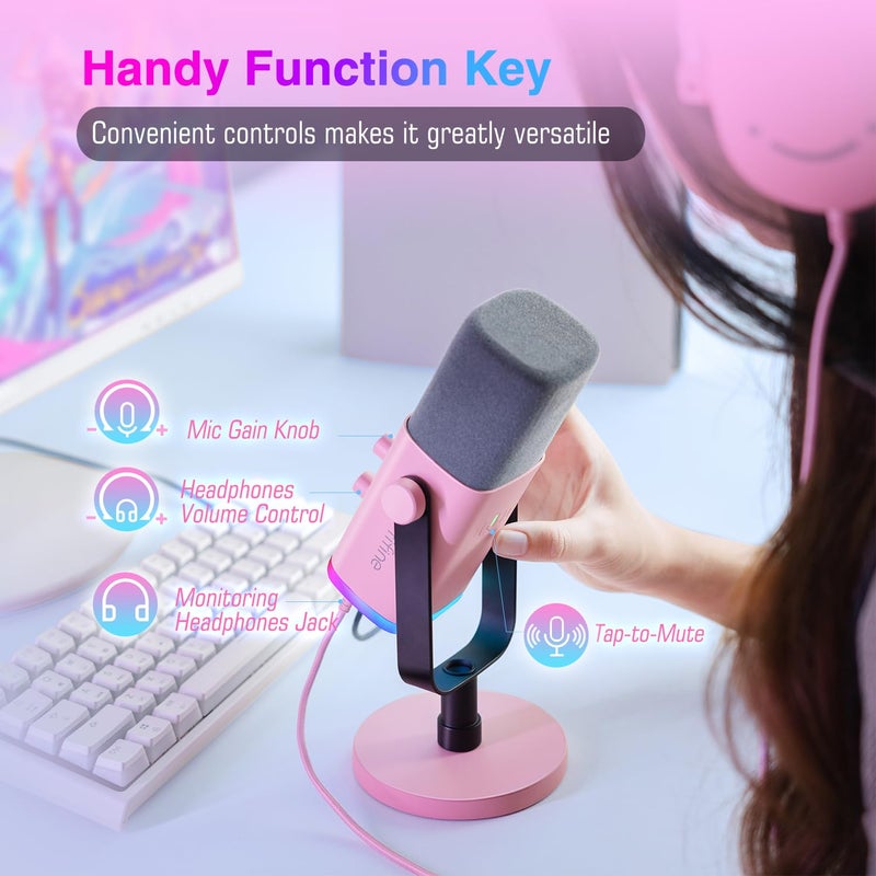 FIFINE XLR/USB Microphone, Gaming Recording PC Microphone with Headphones Jack, Mute Button, Dynamic RGB Mic for Computer, Streaming Mic for Podcasting Voice-Over YouTube Video-AmpliGame AM8 Pink - Image 5
