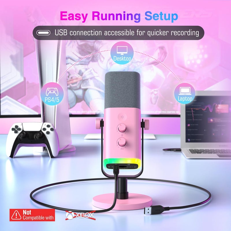 FIFINE XLR/USB Microphone, Gaming Recording PC Microphone with Headphones Jack, Mute Button, Dynamic RGB Mic for Computer, Streaming Mic for Podcasting Voice-Over YouTube Video-AmpliGame AM8 Pink - Image 3