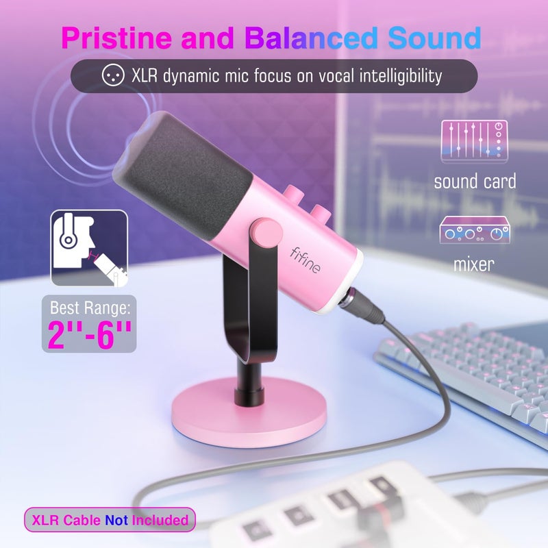 FIFINE XLR/USB Microphone, Gaming Recording PC Microphone with Headphones Jack, Mute Button, Dynamic RGB Mic for Computer, Streaming Mic for Podcasting Voice-Over YouTube Video-AmpliGame AM8 Pink - Image 2
