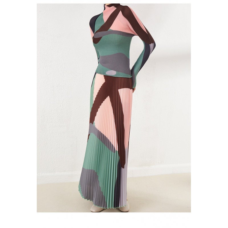 Pleated Fashion Dress Womens 2024 Spring and Autumn New Printed Loose Slimming All-match Age-reducing Overskirt Two-piece Set Gray green - Image 1