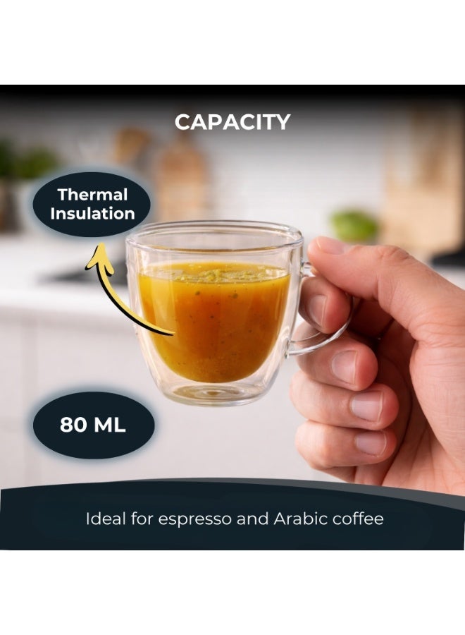 Blackstone Double Wall Glass Espresso Cups Set of 2, 80ml Clear Coffee Cups with Handle for Espresso, Arabic Coffee and Hot Drinks, DH908 - Image 3