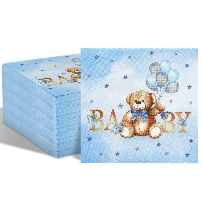 100 PACK BEAR BABY SHOWER NAPKINS SQUARE 3 PLY BLUE DISPOSABLE BALLOON STAR BEAR COCKTAIL PAPER NAPKINS FOR BABY SHOWER GENDER REVEAL BIRTHDAY PARTY DECORATIONS SUPPLIES 5 X 5 INCH