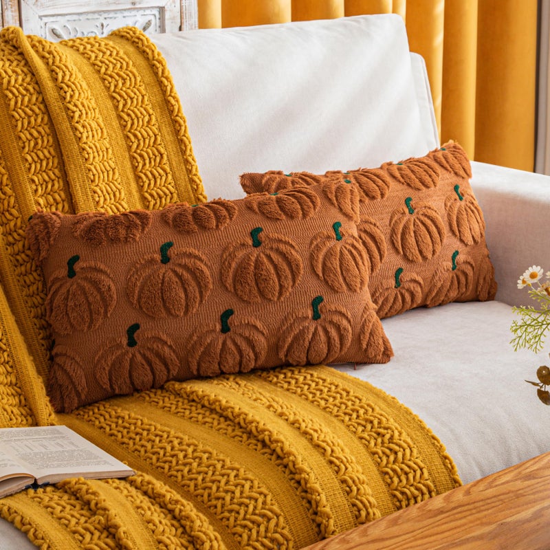 Cosibono Pumpkin Fall Decorative Covative Coversing 12 "X20" مجموعة من 2 أغطية وسادة من الفراء الخضراء الناعمة لحصاد الخريف رقيقة وفرة سادة للوسائد لمزرعة هالوين ديكور - Image 1