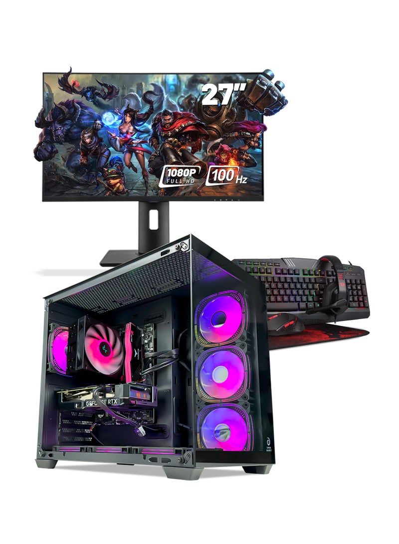 Game Sekret حاسوب الألعاب الاحترافي Pro Gaming PC Bundle من Game Sekret – بمعالج Intel Core i5-14400F، وبطاقات رسوميات متاحة تشمل GeForce RTX 3060 سعة 12 جيجابايت أو 4060 سعة 8 جيجابايت أو 5060 سعة 8 جيجابايت أو 5060Ti سعة 8 جيجابايت أو 5060Ti سعة 16 جيجابايت، وذاكرة DDR5 سعة 16 جيجابايت، وتخزين SSD من نوع M.2 NVMe سعة 1 تيرابايت، ومبرّد هوائي، ولوحة أم H610 مزوّدة بتقنيتي WiFi وBluetooth، وشاشة 27 بوصة Full HD مع لوحة مفاتيح وفأرة ولوحة فأرة وسماعة رأس، ومزوّد طاقة بقدرة 700 واط بمعيار 80+، ونظام تشغيل Windows 11 Pro، وضمان لمدة سنة واحدة. - Image 1