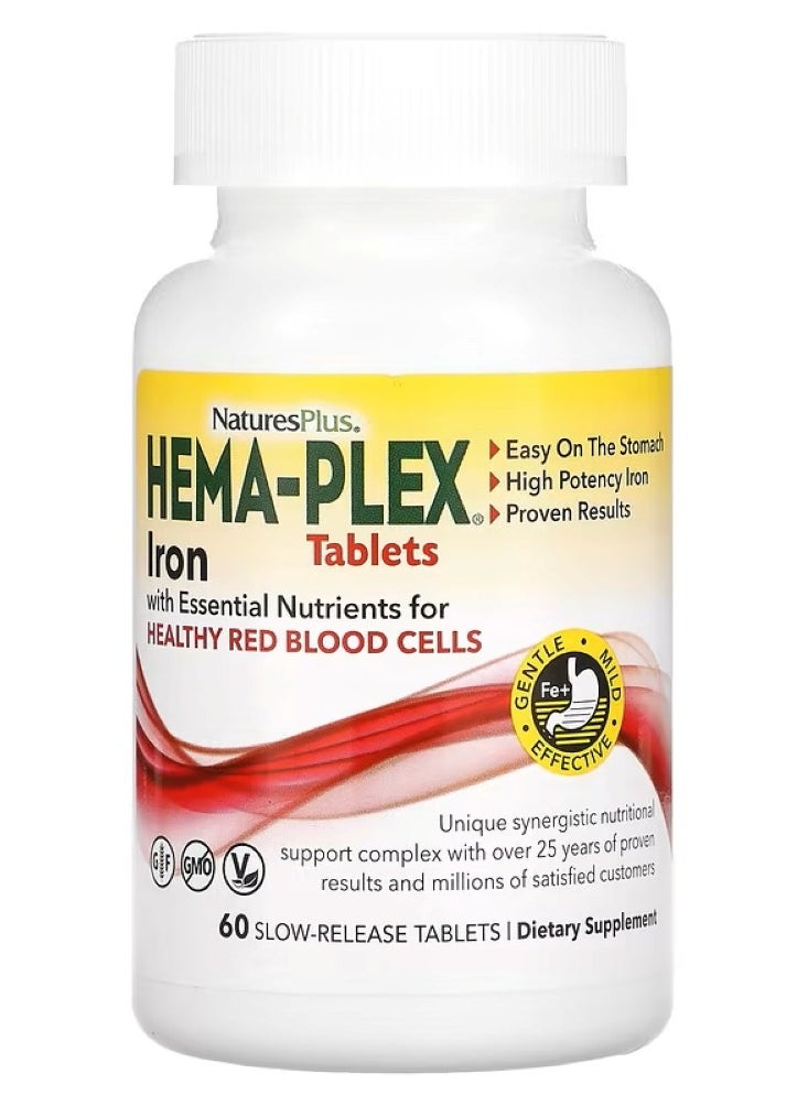 NaturesPlus Nature's Plus, Hema-Plex, Iron Rich in Essential Nutrients for Healthy Red Blood Cells, 60 Slow Release Tablets  - Image 1