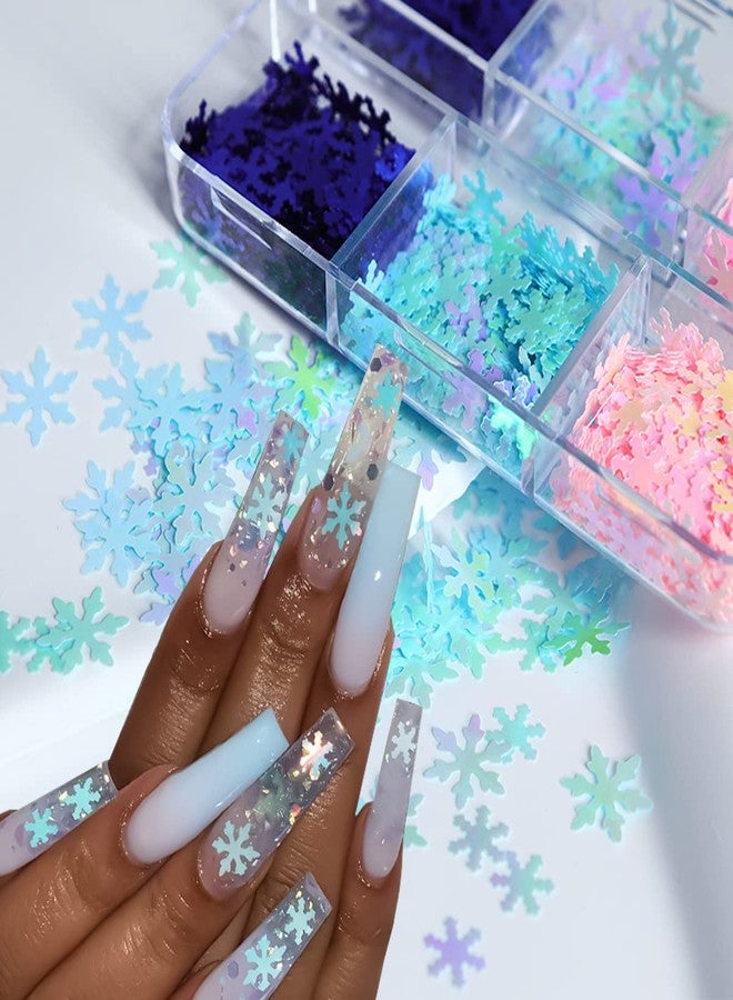 YKZFUI Blue Snowflakes Glitter Sequin for Nail Art Decorations, DIY Snowflake Nail Design Winter Decoration Accessories, 6 Grids - Image 4