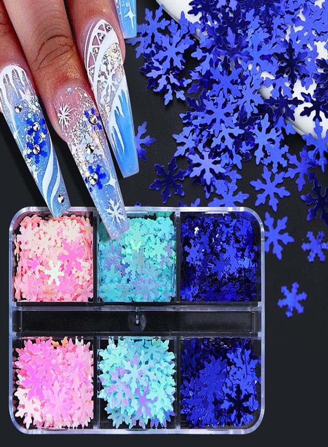 YKZFUI Blue Snowflakes Glitter Sequin for Nail Art Decorations, DIY Snowflake Nail Design Winter Decoration Accessories, 6 Grids - Image 2