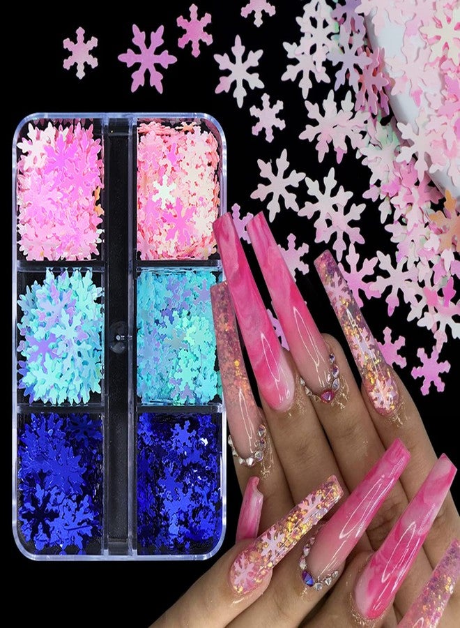 YKZFUI Blue Snowflakes Glitter Sequin for Nail Art Decorations, DIY Snowflake Nail Design Winter Decoration Accessories, 6 Grids - Image 1