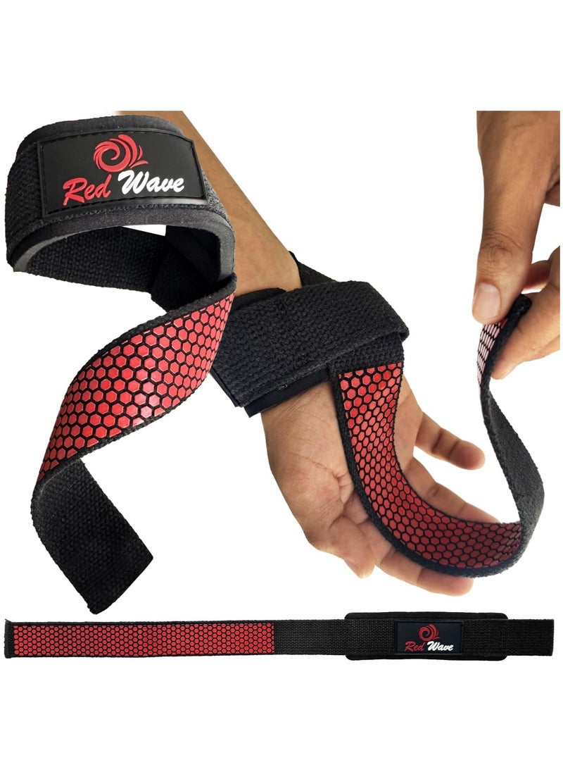Generic Red Wave Lifting Straps with 7mm Soft Padded Cushion – 24" Cotton Wrist Wraps with Silicone Anti-Slip Grip – Heavy Duty Gym Straps for Deadlift, Weightlifting, Powerlifting – Men & Women  - Image 1