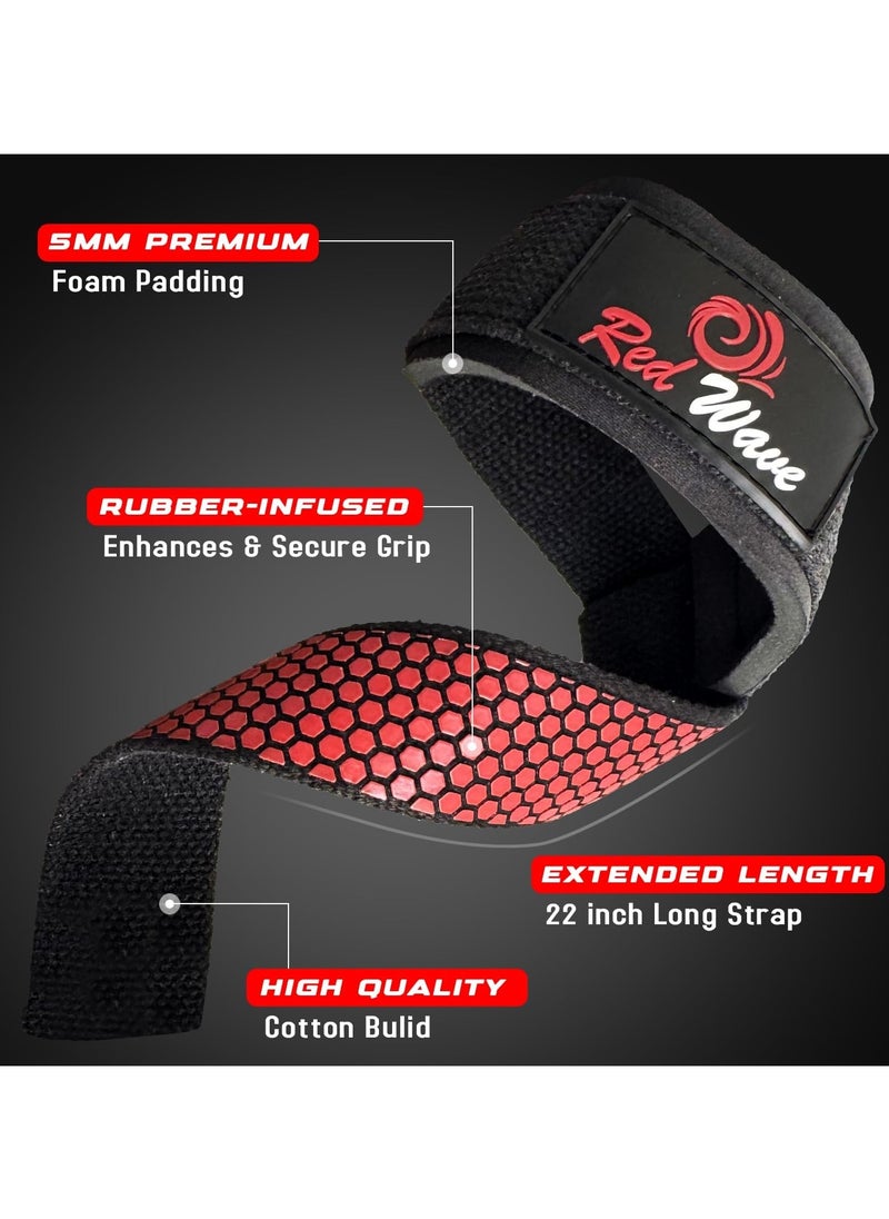 Generic Red Wave Lifting Straps with 7mm Soft Padded Cushion – 24" Cotton Wrist Wraps with Silicone Anti-Slip Grip – Heavy Duty Gym Straps for Deadlift, Weightlifting, Powerlifting – Men & Women  - Image 2