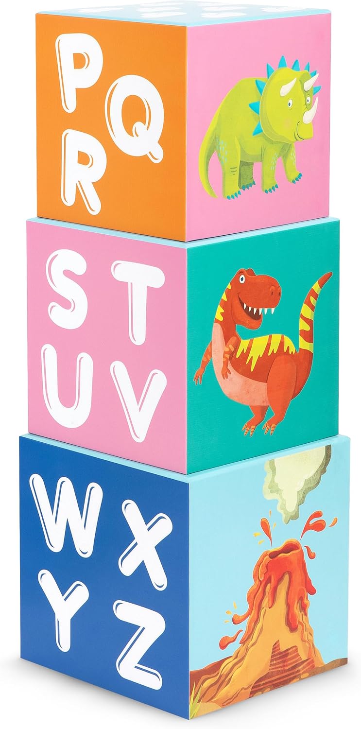 Boppi Stacking Cube Toy with Dinosaur Letters Numbers, Montessori Cube Stacking Toy from 1 Year Stacking Tower as Motor Skills Toy Stacking Game from 1 Year Letters Cube Set - Image 4