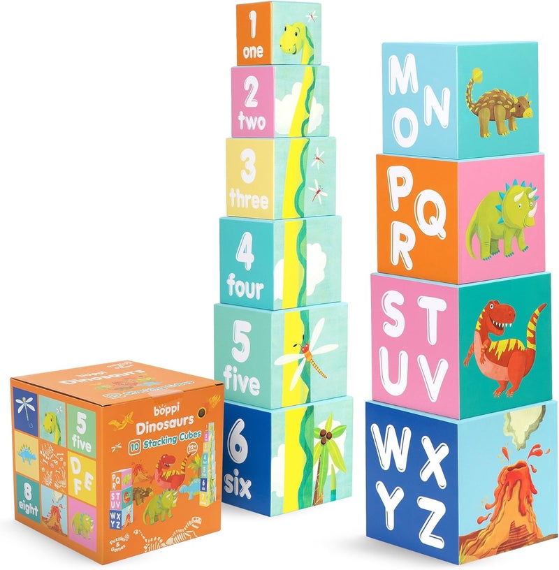 Boppi Stacking Cube Toy with Dinosaur Letters Numbers, Montessori Cube Stacking Toy from 1 Year Stacking Tower as Motor Skills Toy Stacking Game from 1 Year Letters Cube Set - Image 1
