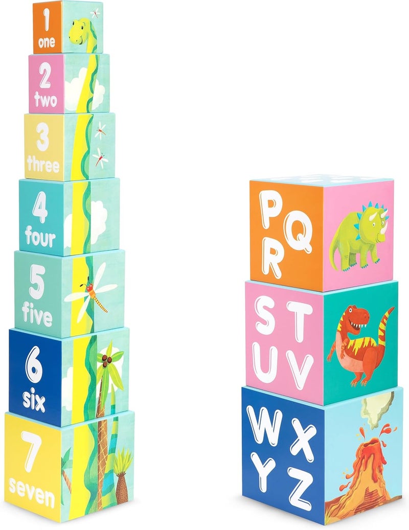 Boppi Stacking Cube Toy with Dinosaur Letters Numbers, Montessori Cube Stacking Toy from 1 Year Stacking Tower as Motor Skills Toy Stacking Game from 1 Year Letters Cube Set - Image 2