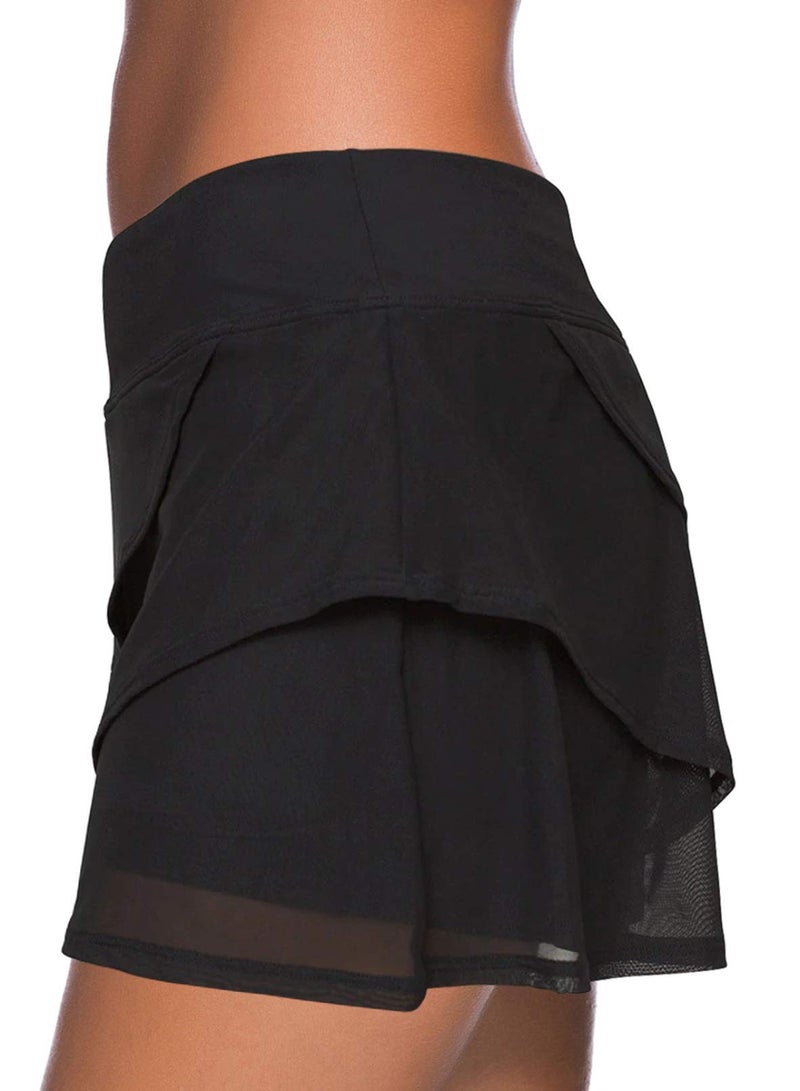 Aleumdr Women's Three Layered Waistband Ruffle Swimdress Swim Skirt Swimsuit Bottom Large 12 14 Black - Image 3
